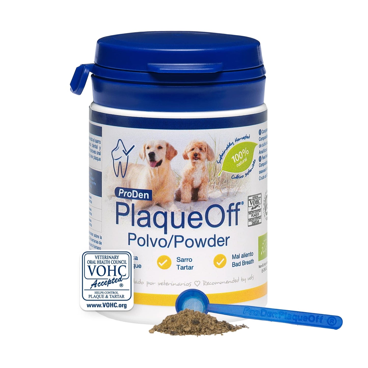 ProDen PlaqueOff Polvo 60 g – Limpiador dental 100 % natural para perros y gatos. Elimina la placa, el sarro y el mal aliento.
